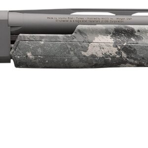 Semi-automatic shotgun with a gray camouflage stock and fore-end, and a long matte barrel.