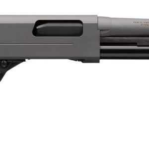 Mossberg SXP semi-automatic shotgun in profile, gray receiver, camo-pattern stock and forend, long barrel with a green front sight bead visible.