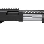 Black modern rifle with a long barrel and polymer stock, shown from the left side on a white background