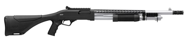 Black modern rifle with a long barrel and polymer stock, shown from the left side on a white background