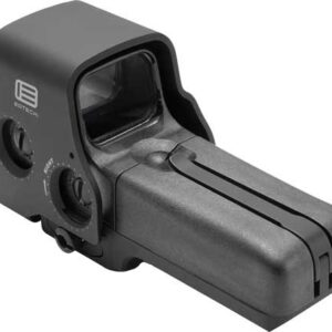 Compact red-dot reflex sight with side adjustment dials mounted on a base, designed for firearms.