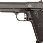 Side view of a black semi-automatic pistol with textured grip and Rock Island Armory logo visible.