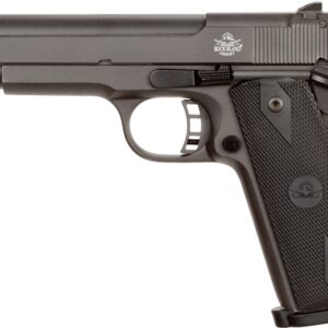 Side view of a black semi-automatic pistol with textured grip and Rock Island Armory logo visible.