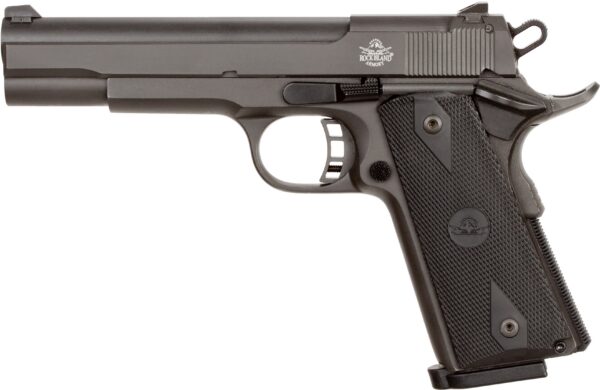Side view of a black semi-automatic pistol with textured grip and Rock Island Armory logo visible.