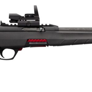 Modern sporting rifle with a gray polymer stock, long black barrel, and mounted optical sight.