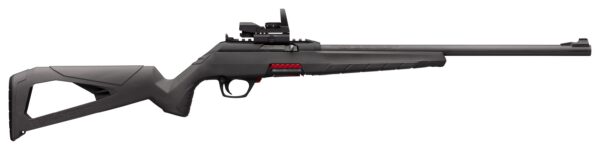 Modern sporting rifle with a gray polymer stock, long black barrel, and mounted optical sight.