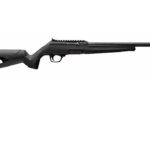 Side view of a black semi-automatic rifle with a long barrel and adjustable stock.
