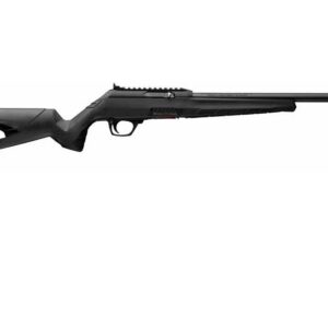 Side view of a black semi-automatic rifle with a long barrel and adjustable stock.