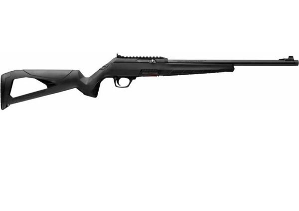 Side view of a black semi-automatic rifle with a long barrel and adjustable stock.