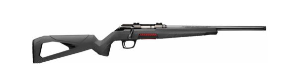 Black bolt-action rifle with a synthetic stock, shown in profile and a long barrel