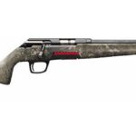 Camouflage-pattern bolt-action hunting rifle shown in profile with a long barrel