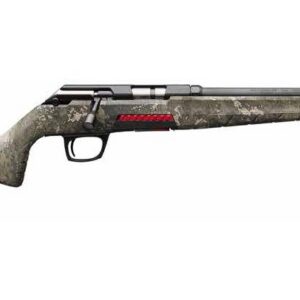 Camouflage-pattern bolt-action hunting rifle shown in profile with a long barrel