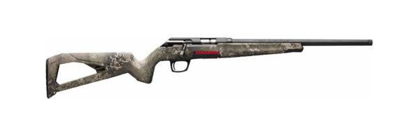 Camouflage-pattern bolt-action hunting rifle shown in profile with a long barrel