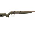 Olive-green hunting rifle with tan barrel and adjustable stock on a white background