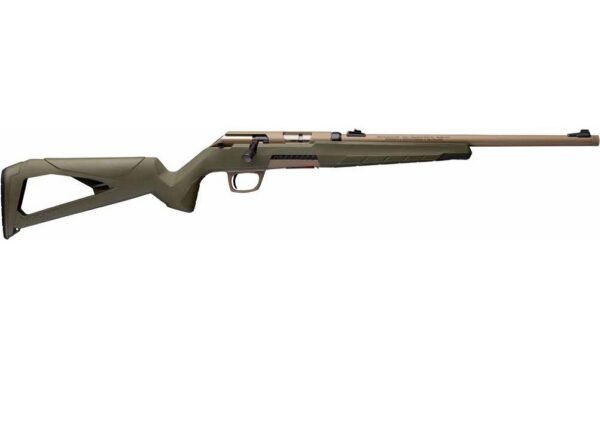 Olive-green hunting rifle with tan barrel and adjustable stock on a white background