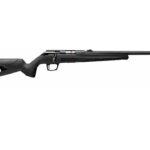 Side view of a black semi-automatic rifle with a polymer stock and long barrel.