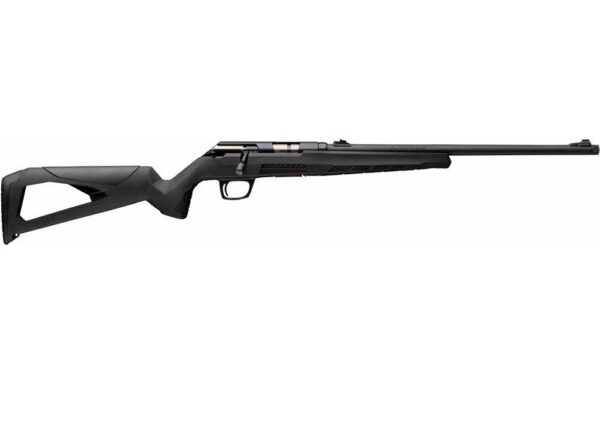 Side view of a black semi-automatic rifle with a polymer stock and long barrel.