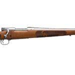 Bolt-action rifle with a wooden stock and long metal barrel, shown in profile with iron sights and intricate grip engraving on the stock edge.