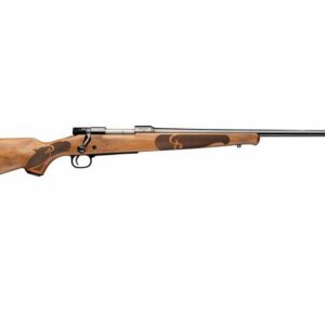 Bolt-action hunting rifle with a polished wooden stock and long barrel, shown in profile.