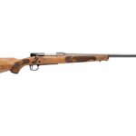 Bolt-action hunting rifle with a wooden stock and long barrel shown from the side, scope mount visible.