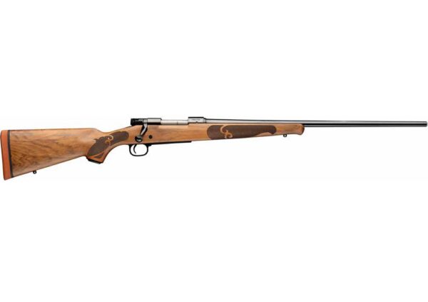 Bolt-action hunting rifle with a wooden stock and long barrel shown from the side, scope mount visible.