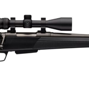 Bolt-action rifle with black synthetic stock and mounted scope, shown in profile on a white background