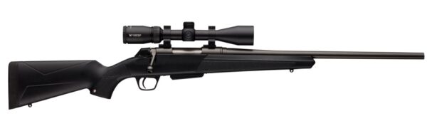 Bolt-action rifle with black synthetic stock and mounted scope, shown in profile on a white background