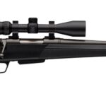 Bolt-action rifle with a mounted scope, shown in profile from the left, black synthetic stock and long barrel