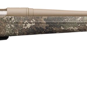 Long bolt-action rifle in tan and woodland camouflage on a white background, with a long barrel and stock.