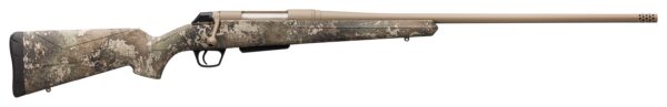 Long bolt-action rifle in tan and woodland camouflage on a white background, with a long barrel and stock.
