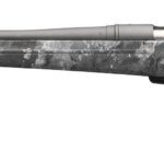 Camouflage-patterned bolt-action hunting rifle shown from the side on a white background