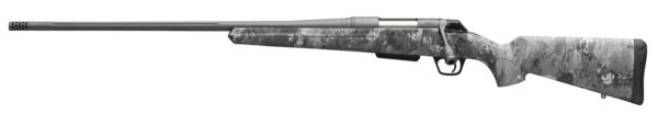 Camouflage-patterned bolt-action hunting rifle shown from the side on a white background