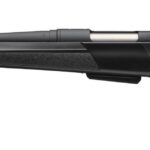 Bolt-action hunting rifle with a long barrel and black synthetic stock shown in profile on a white background.