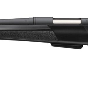 Bolt-action hunting rifle with a long barrel and black synthetic stock shown in profile on a white background.