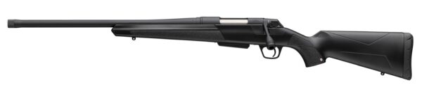 Bolt-action hunting rifle with a long barrel and black synthetic stock shown in profile on a white background.