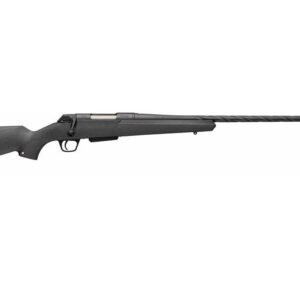 Bolt-action rifle with a long barrel and black synthetic stock shown in profile.