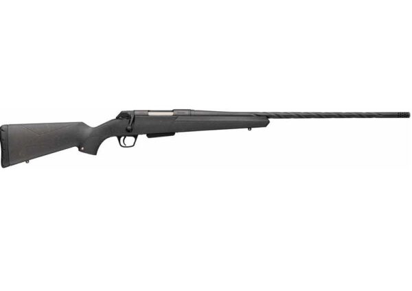 Bolt-action rifle with a long barrel and black synthetic stock shown in profile.