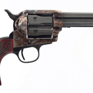 Single-action revolver with a brown wood grip and long barrel on a white background, shown in profile.