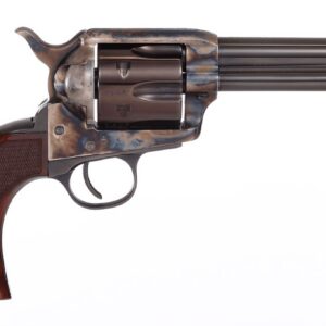 Single-action revolver with a brown wood grip and rusted metal frame on a white background, shown in profile.