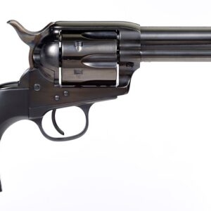 Black revolver pistol shown in profile against a white background with a long barrel and curved grip, ready to fire.