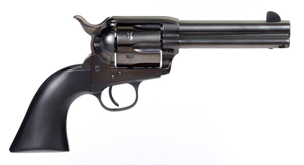 Side view of a black, six-shot revolver with a long barrel and curved grip.
