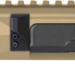 Tan AR-15 style upper receiver with Picatinny rail on top and a black component housing along the side.
