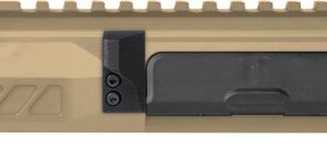 Tan AR-15 style upper receiver with Picatinny rail on top and a black component housing along the side.