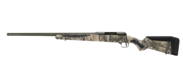 Camouflage-pattern bolt-action hunting rifle shown in side profile with a long barrel and padded buttstock.