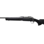 Bolt-action rifle shown in profile with black stock and long metallic barrel laid horizontally on a white background.