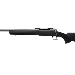 Bolt-action rifle shown in profile with black stock and long metallic barrel laid horizontally on a white background.