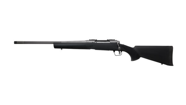 Bolt-action rifle shown in profile with black stock and long metallic barrel laid horizontally on a white background.