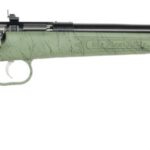 Bolt-action rifle with a green marbled stock and long black barrel, shown in profile.