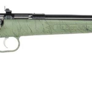 Bolt-action rifle with a green marbled stock and long black barrel, shown in profile.