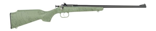 Bolt-action rifle with a green marbled stock and long black barrel, shown in profile.